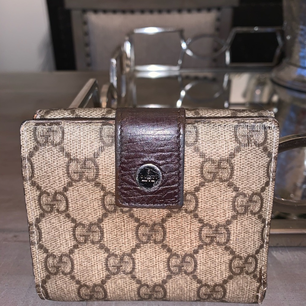 Gucci Brown Beige GG Canvas Snap Wallet